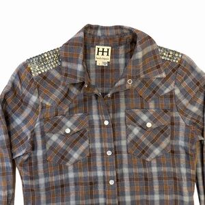 Haute Hippie Plaid Studded Western Shirt Brown Gray Snap Button Size S